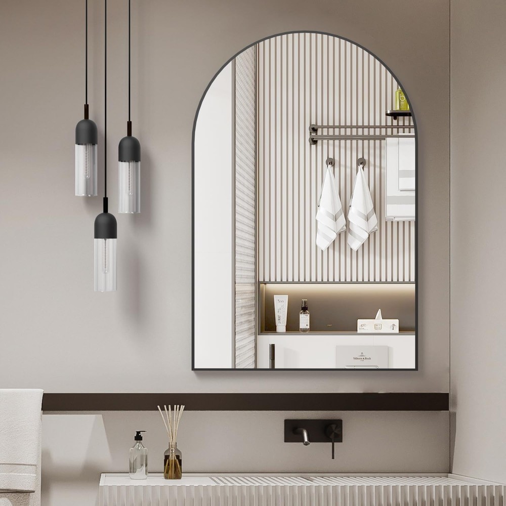 Black Metal Framed Arched Bathrrom Mirror for Wall
