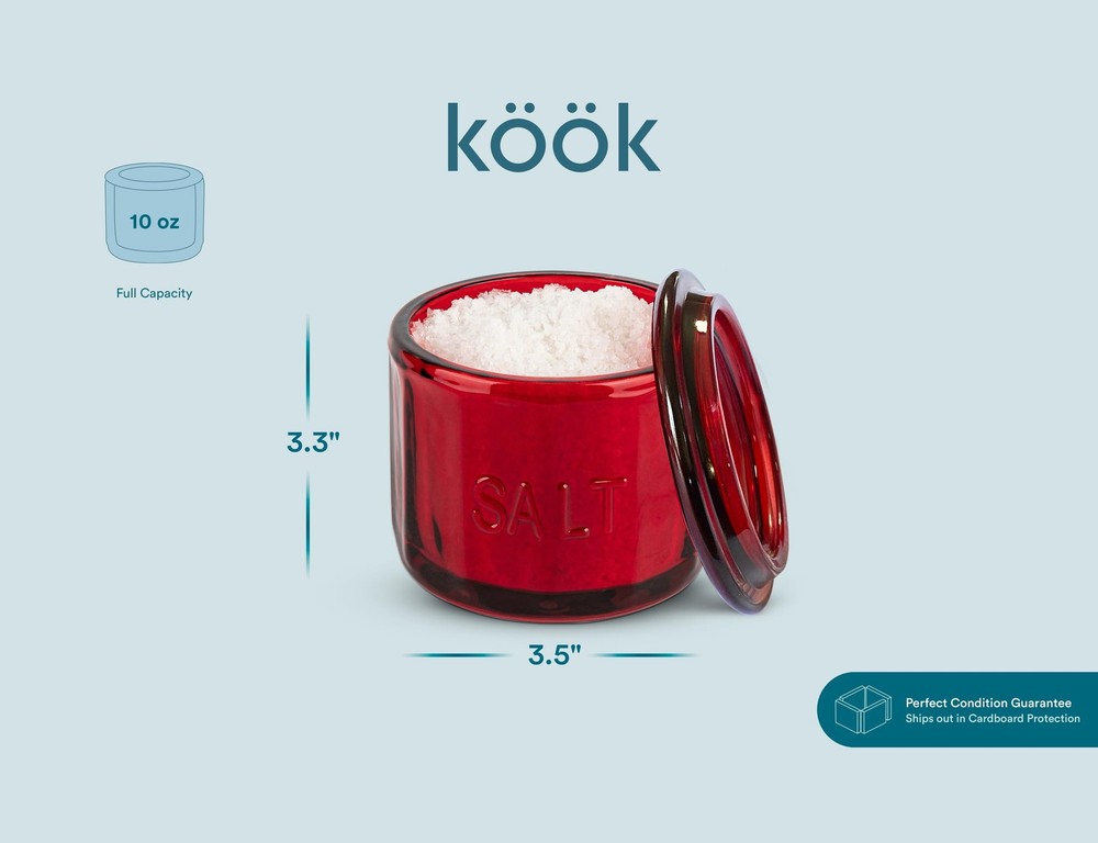 KooK Glass Salt Cellar, with Lid, Embossed Pressed 3.5 D x 3.3 H, Ruby Red
