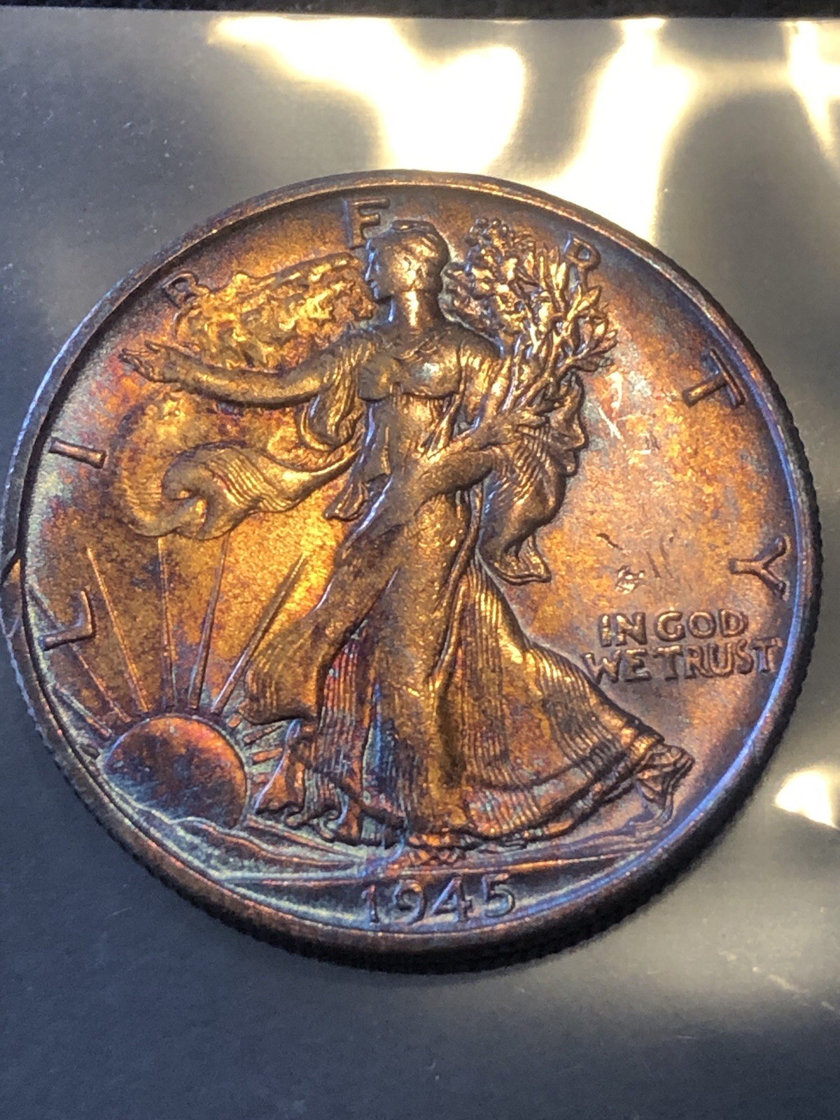 1945 W Walking Liberty Half Dollar Rainbow Toned BU