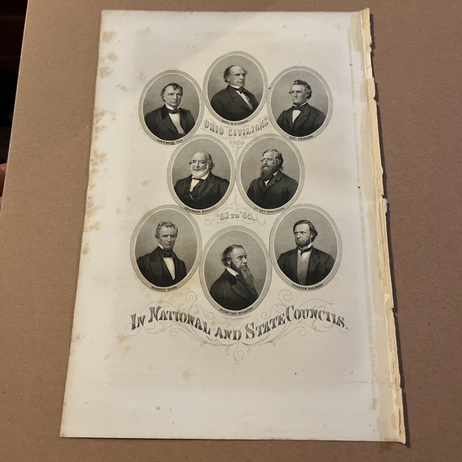 1867 Engraving Ohio Civil War Civilians Politicians Governor Tod Brough Dennison