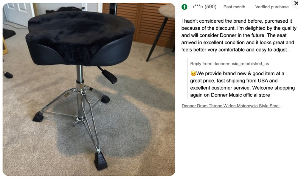 Donner DHT-250 Drum Throne With Backrest Motorcycle Style Stool Adjust Height
