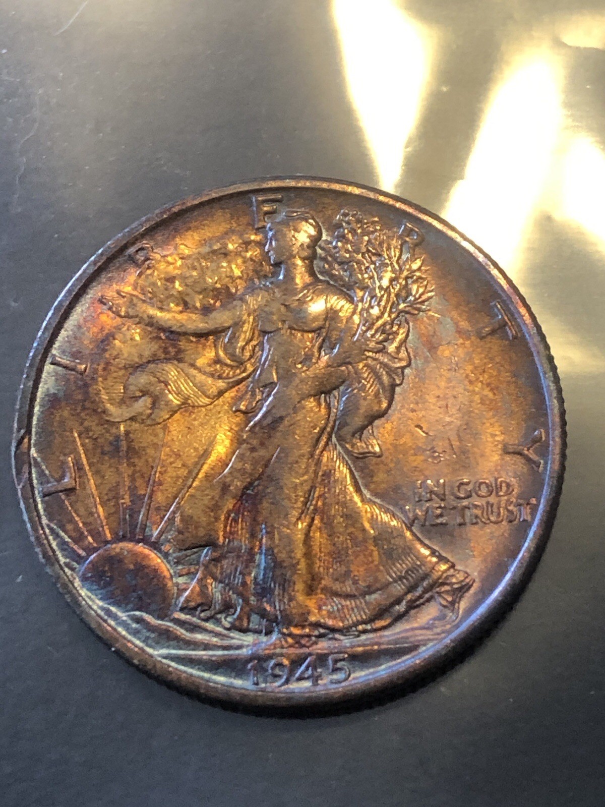 1945 W Walking Liberty Half Dollar Rainbow Toned BU