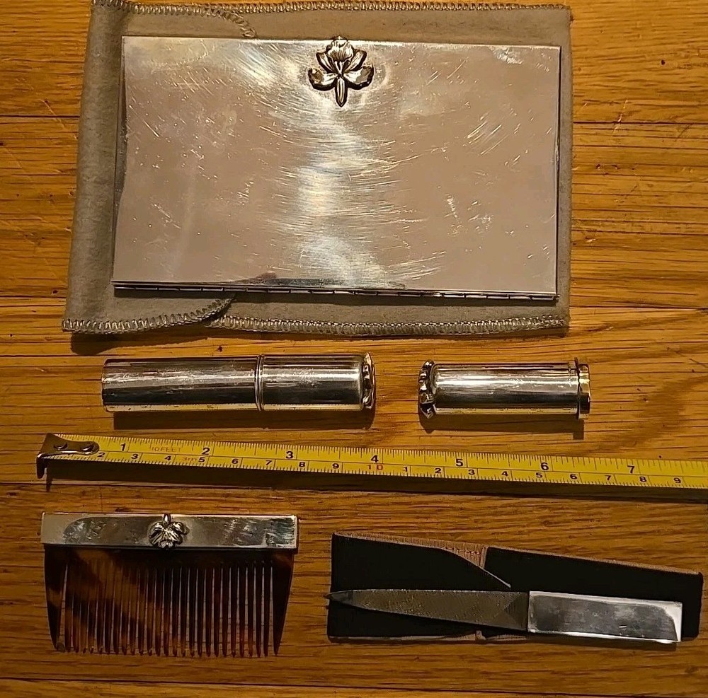 Georg Jensen Sterling Silver Lipstick, Comb, Atomizer, File, Cigarette Case Set