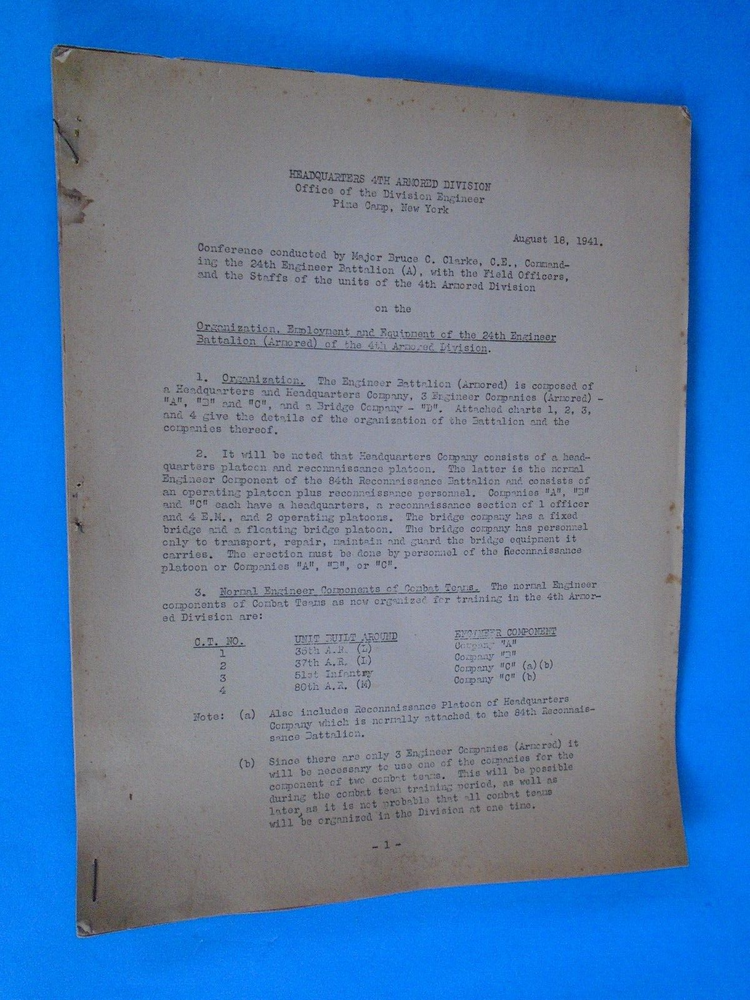 24th Engineer Battalion, 4th Armored Div., Pine Camp, 1941 conference notes