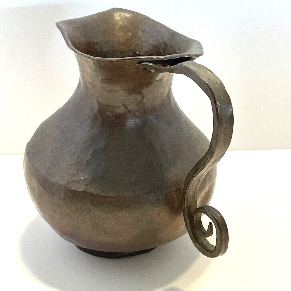 Antique Hammered Copper Pitcher Scrolled Riveted Handle Primitive Jug Dents 6"