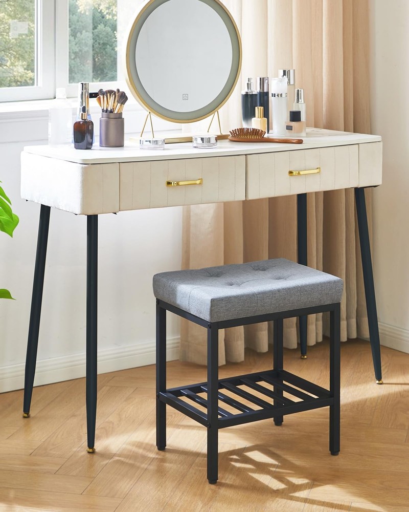 WBD017L Rectangular Makeup Stool Adjustable Storage Linen Vanity Blue Gray