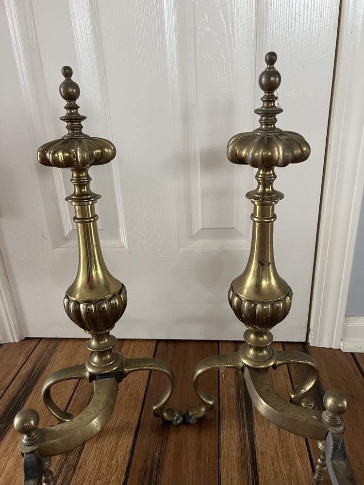 Pair Antique French Empire Style Solid Brass Fireplace Andirons Firedogs