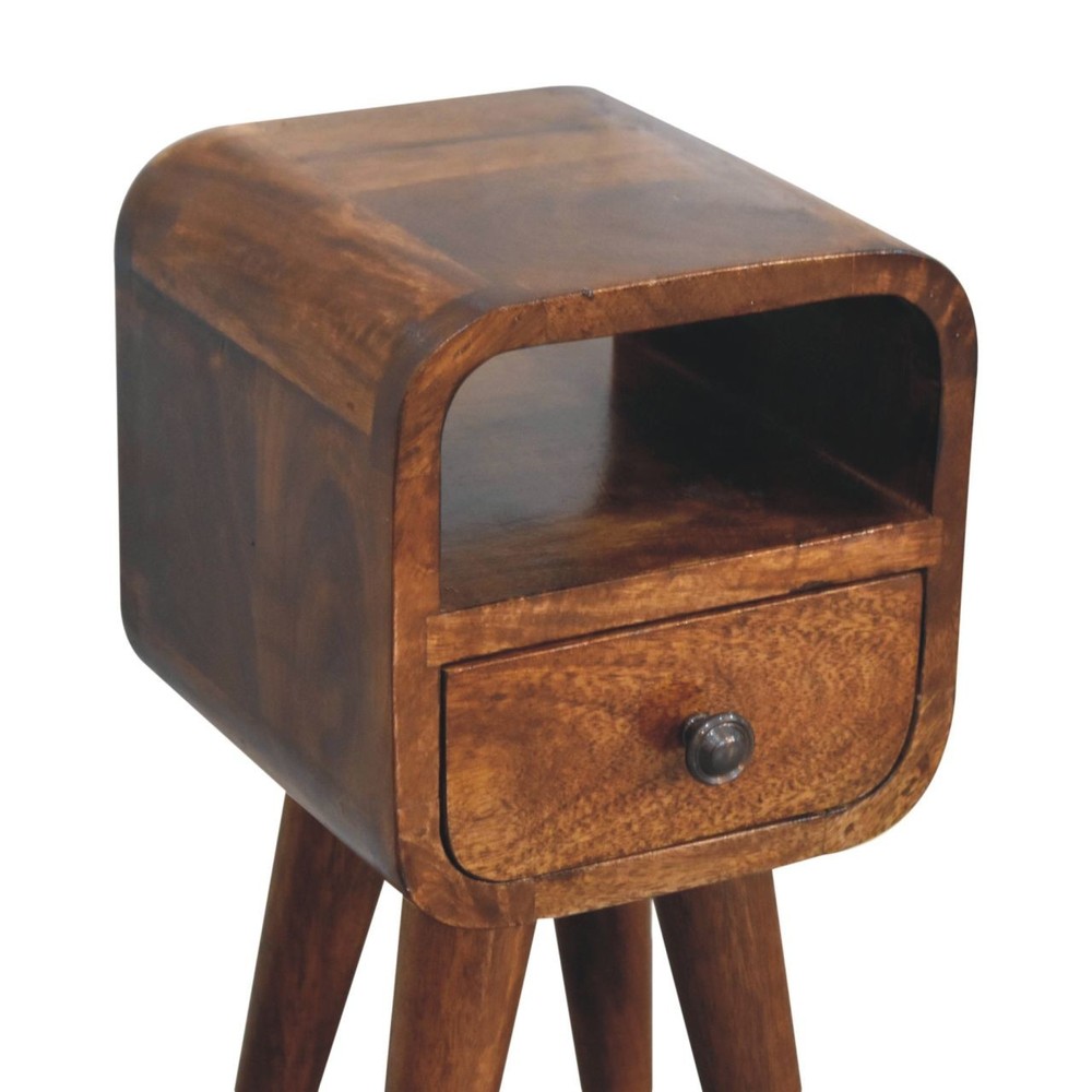 Solid Wood Extra Mini Curve Bedside, 1-Drawer, 1 Open-Slot, Chestnut, Brown