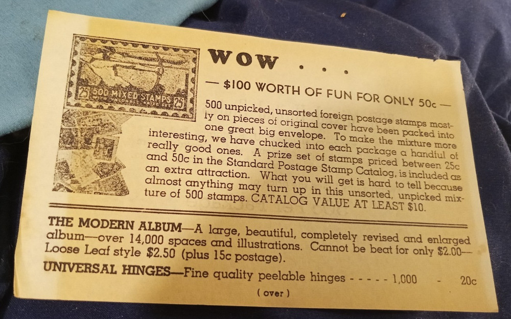 Postage Stamp Collecting Ephemera Advert for $100 Worth of Fun for only 50 cents