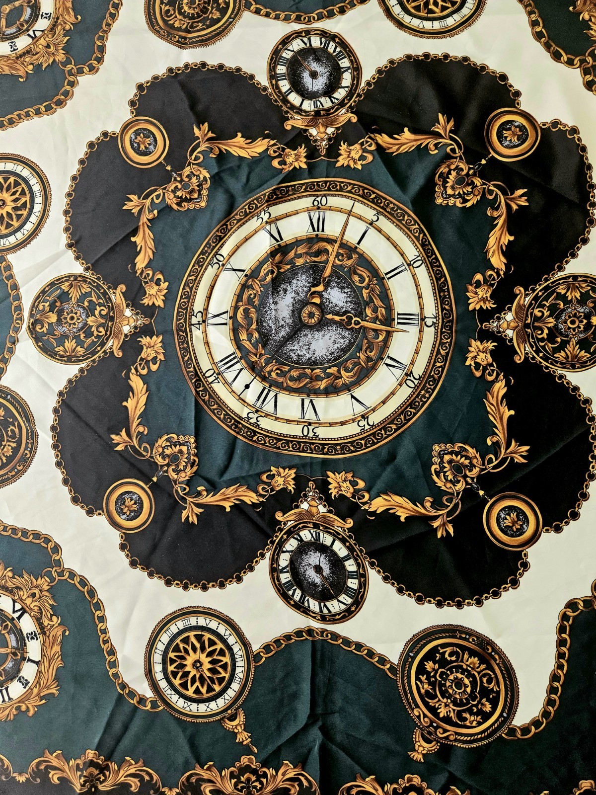 Vtg Peacock Trading Co Scarf 36" Sq Deep Green Gold W Clocks KOREA Silky Soft