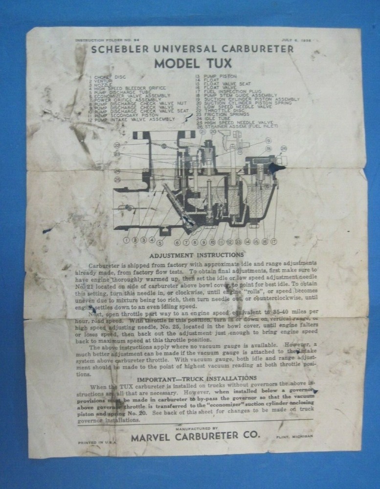 Schebler Universal Carburetor model TUX adjustment & instruction sheet