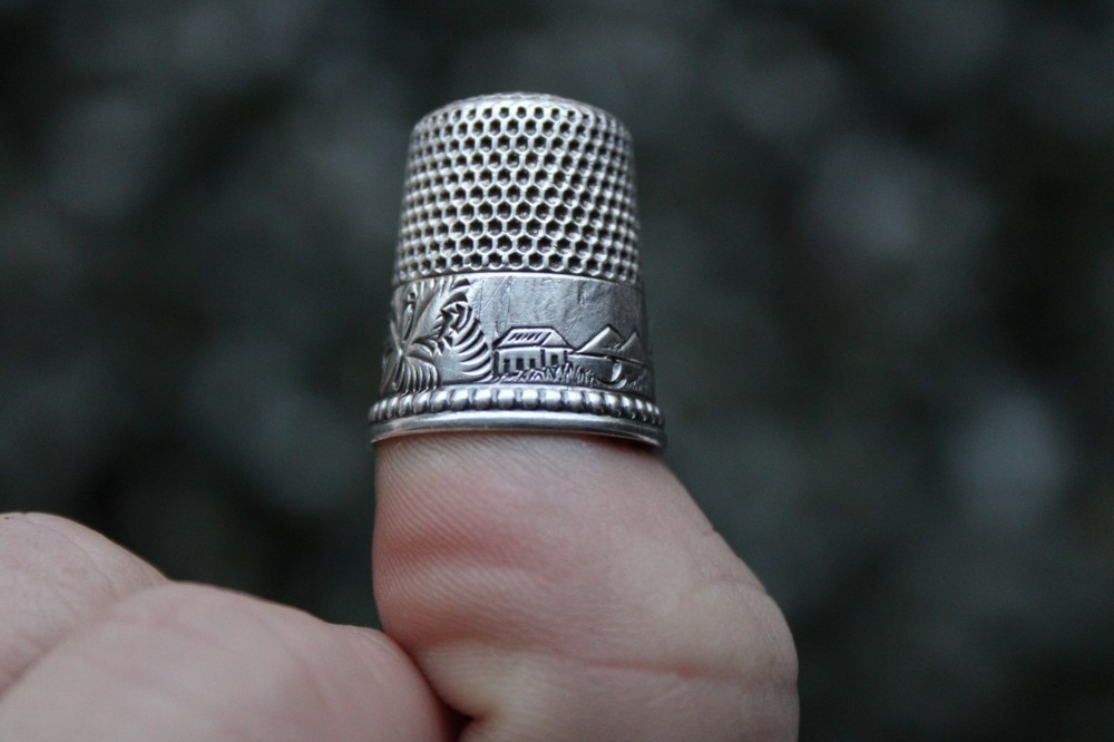 Antique 19th Century English Beaded Easter Egg Thimble Case w/ Sterling Thimble