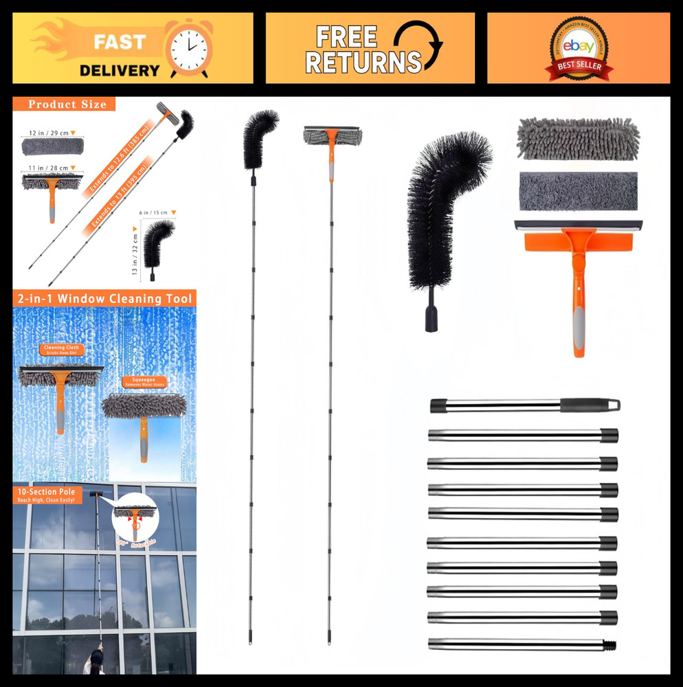 12.5 FT Window Cleaning Kit - Extension Pole, Squeegee, Washer & Gutter Brush