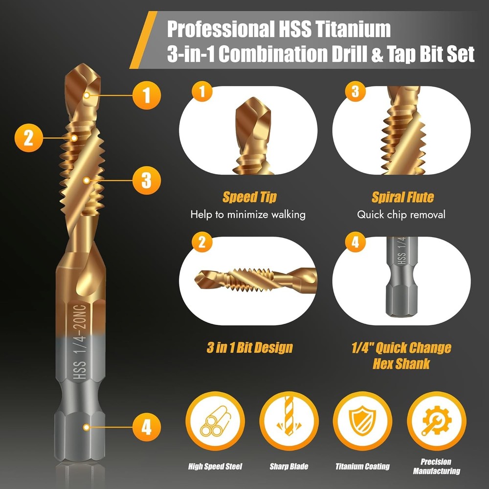 6 Pack Combination Drill and Tap Set, Professional HSS Titanium Thread Tap Drill