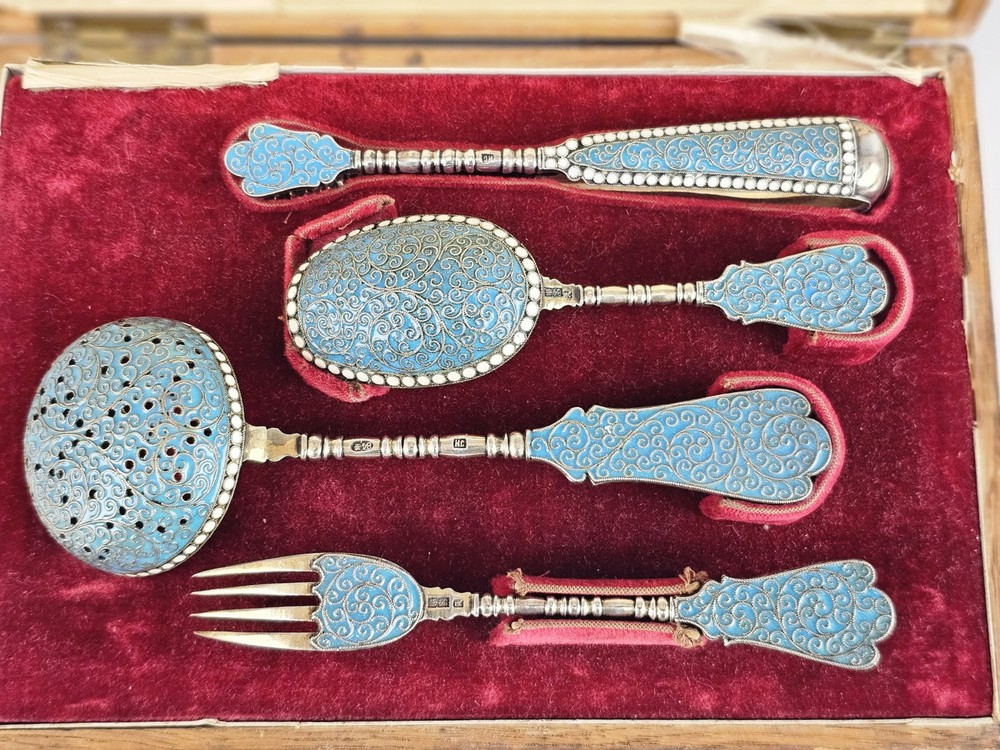 19C Russian Silver Enamel Serving Tea Set Box