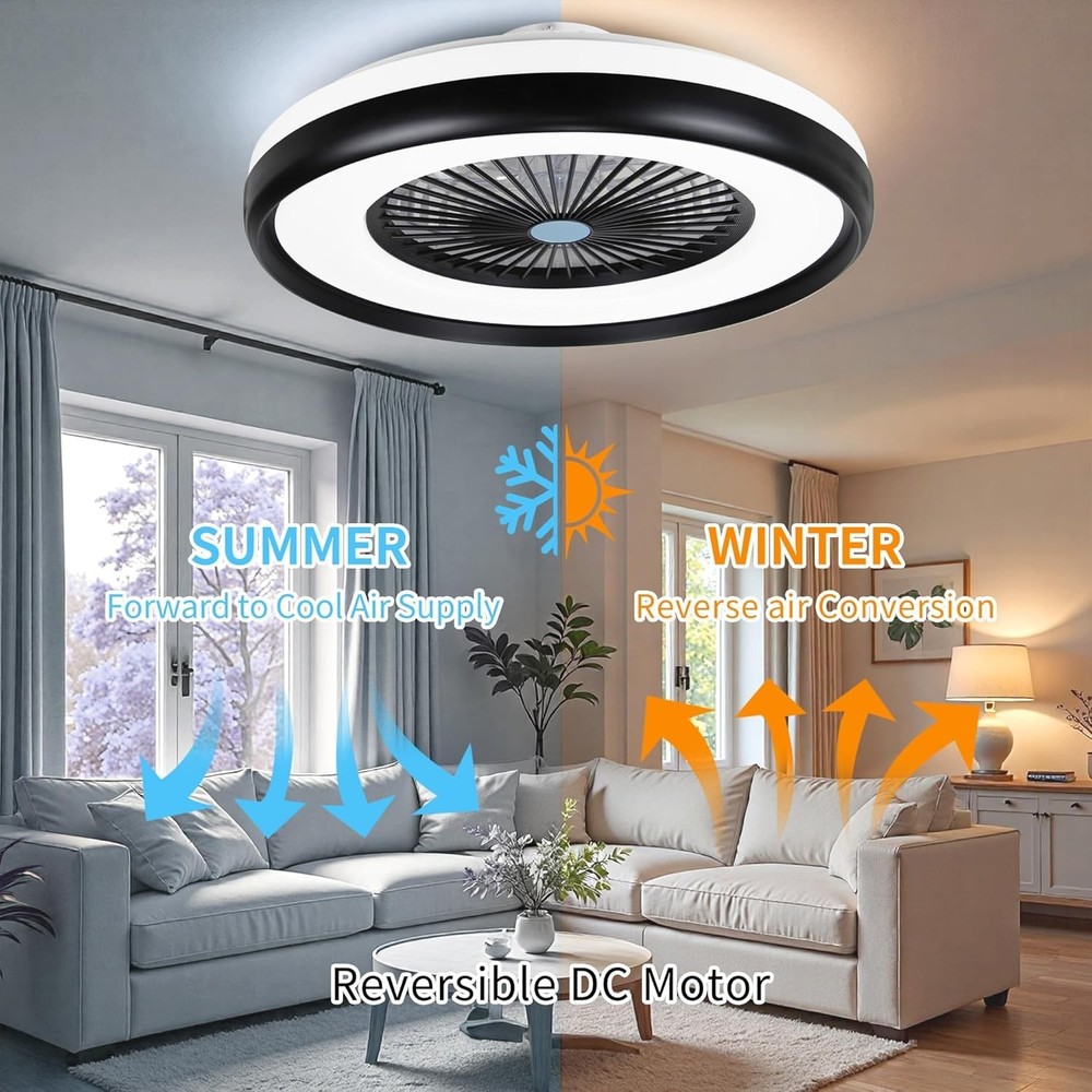 RGB Flush Mount Ceiling Fan Light Low Profile Remote Bladeless 24" Black