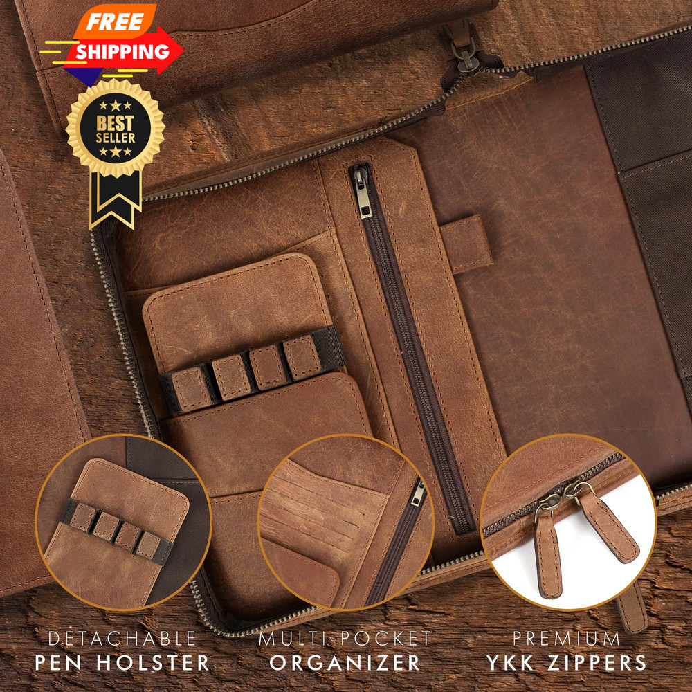 ELIZO Leather A5 Portfolio Padfolio Folio Notebook Journal A5, Saddle
