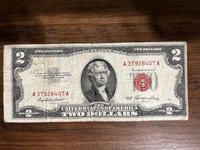 $2 Dollar Bill Red Seal 1953.  Error.  Off center Cut Front and back.