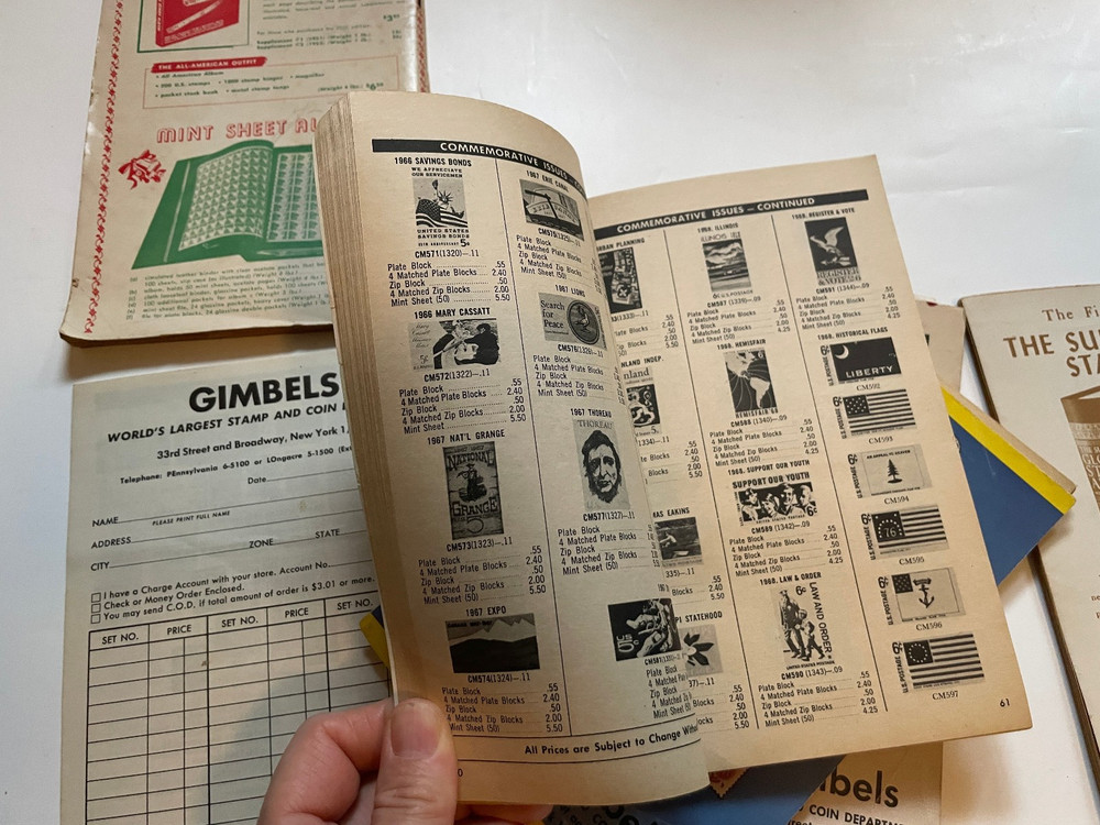 Lot 6 VTG GIMBELS Postage Stamp News Catalogs – Israel, Christmas, coins 1952-69