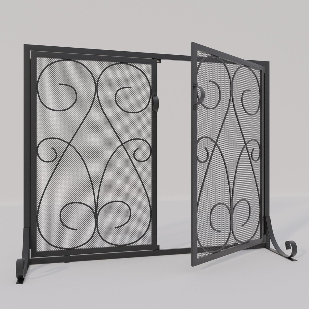2-Panel Fireplace Screen with Doors Handcrafted Wrought Iron Decorative Mesh,...