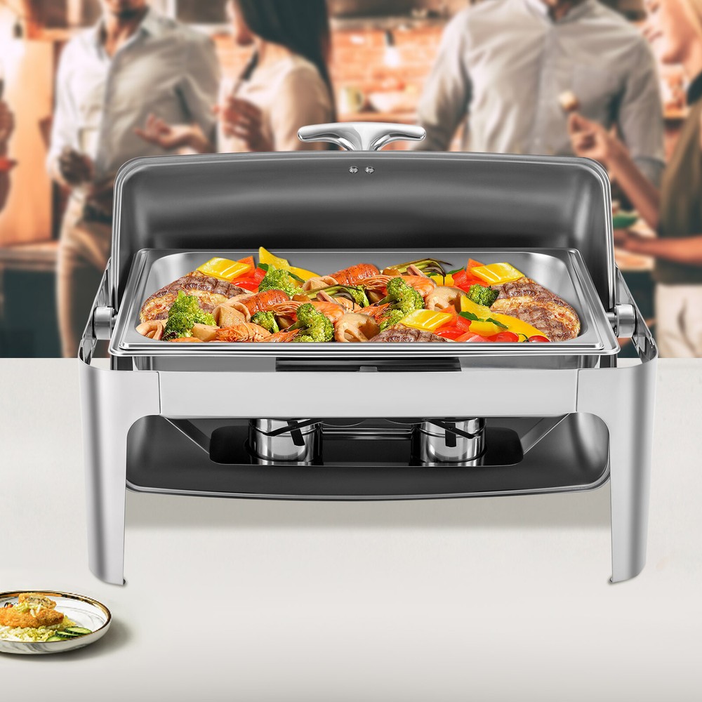 9.5QT Stainless Steel Rectangular Roll Top Chafing Dish Buffet Set Pan Chafer US