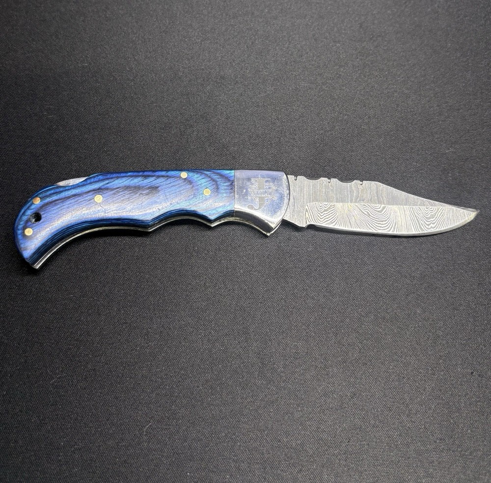 Custom J Wolfe Damascus Folder - Blue Handle Beauty