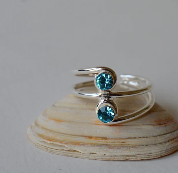Solid 925Sterling Silver Blue Topaz Crystal Gemstone Toi Et Moi Bypass Wrap Ring