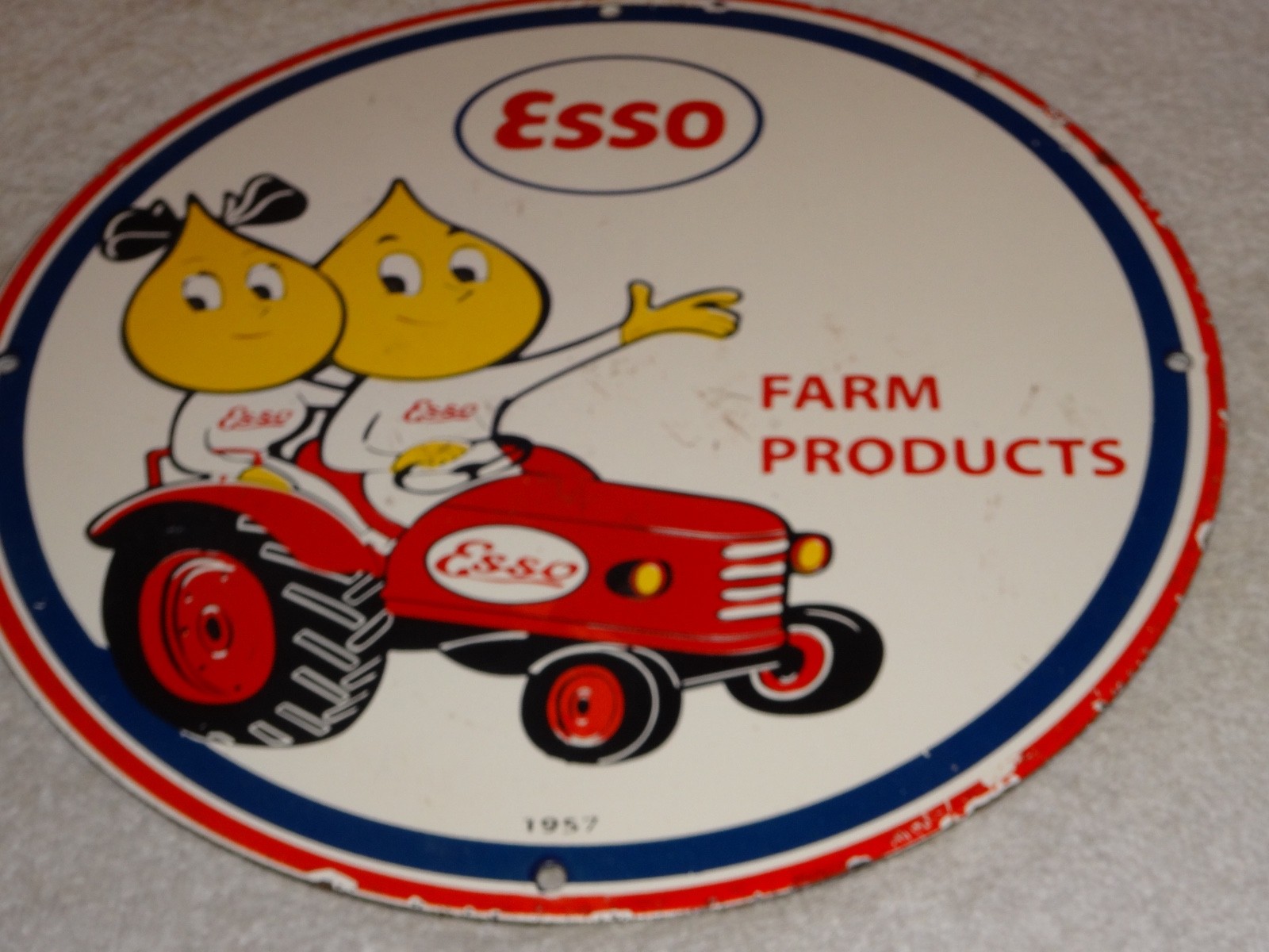 VINTAGE 1957 ESSO FARM OIL DROP BOY GIRL 11 3/4" PORCELAIN TRACTOR GASOLINE SIGN