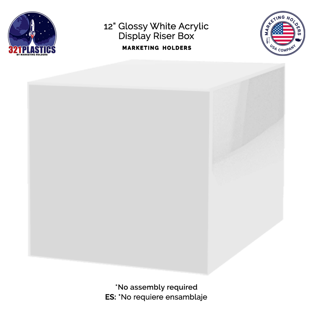 12" Riser Box Glossy White Acrylic Square Product Display Bin One Open Side