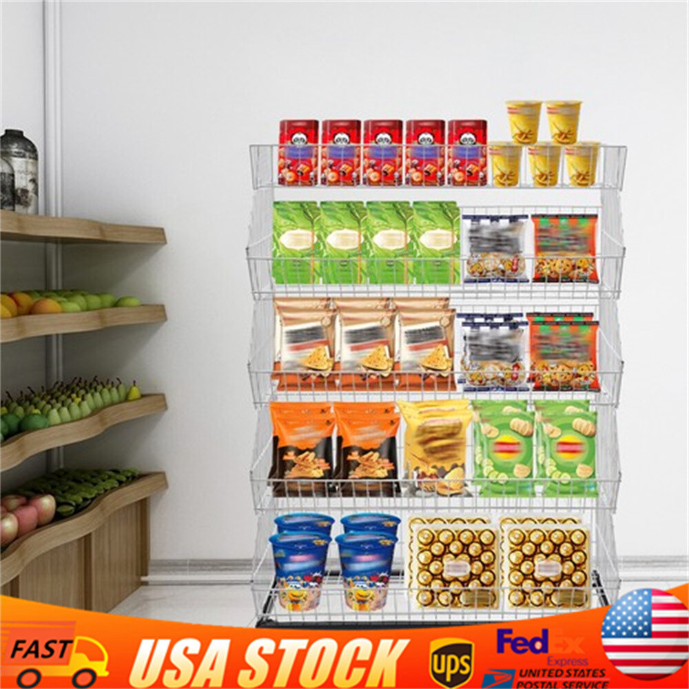 5 Tier Wire Grid Retail Display Shelf Merchandise Display Rack Stand w/4 Pulleys