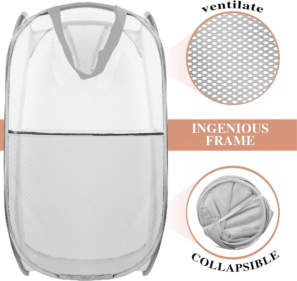 Collapsible Pop Up Laundry Hamper, Mesh Foldable Extra Large, 2P Black+Grey