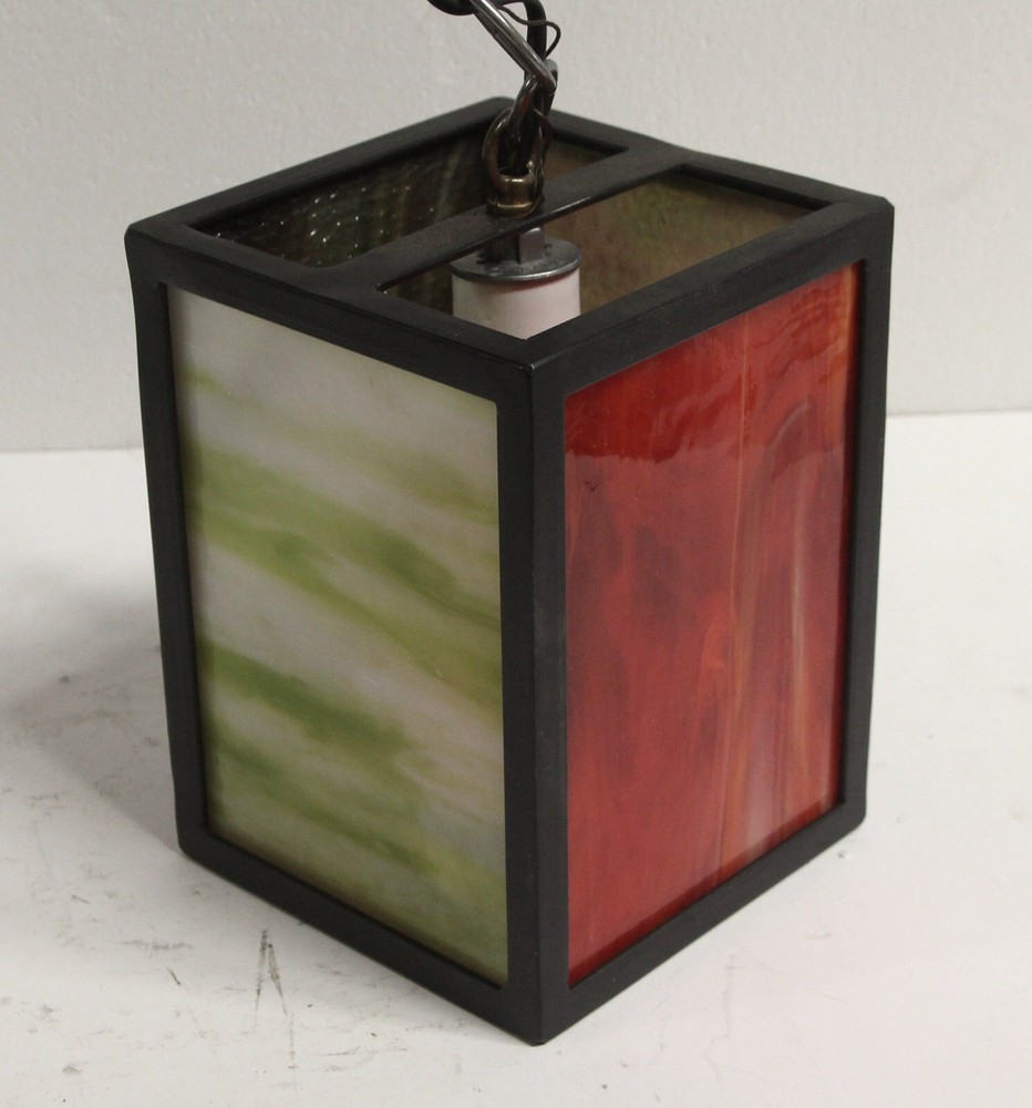 Modern Iron Lantern Pendant Light with Stained Glass