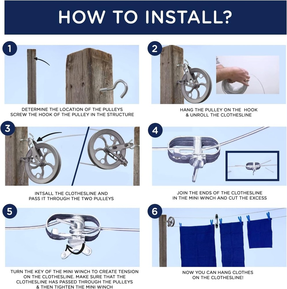 Long Lasting Clothesline Kit - Heavy Duty Galvanized Wire