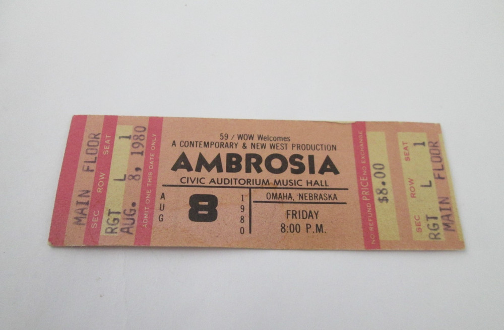 AMBROSIA Unused Concert Ticket Omaha NE 8/8/1980 Civic Auditorium Rock VTG