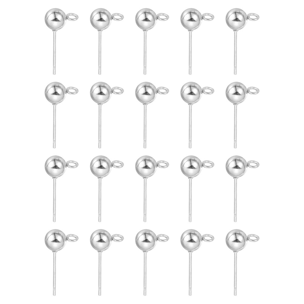 40Pcs Ball Post Stud Earrings, 17x5mm Round Ear Pin with Horizontal Loop, Silver