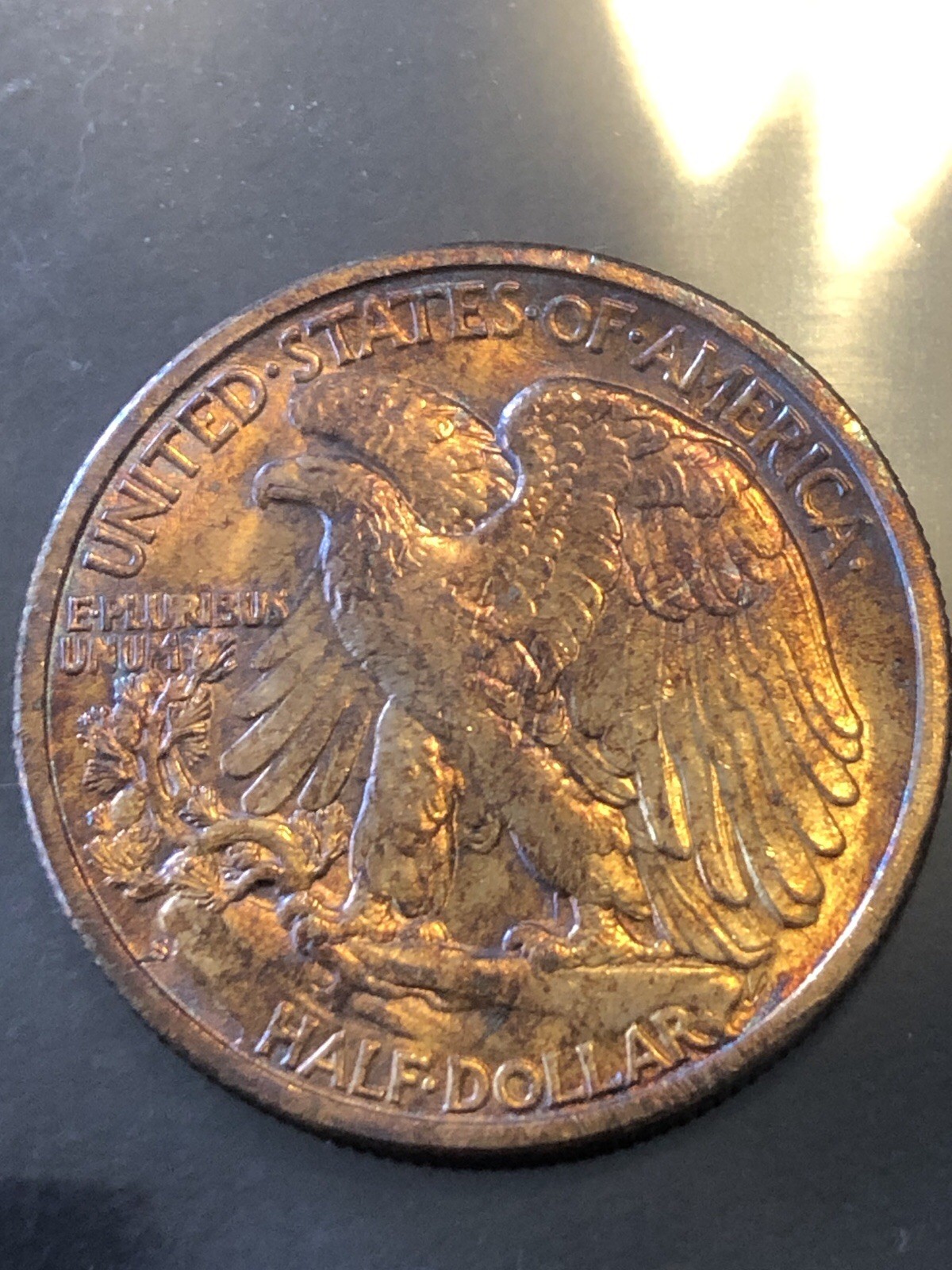 1945 W Walking Liberty Half Dollar Rainbow Toned BU