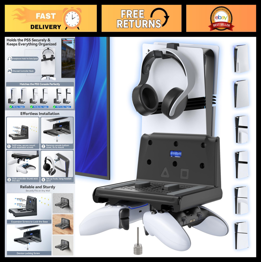Wall Mount Kit for PS5, Slim & Pro - Floating Shelf with Controller Holder & Hea