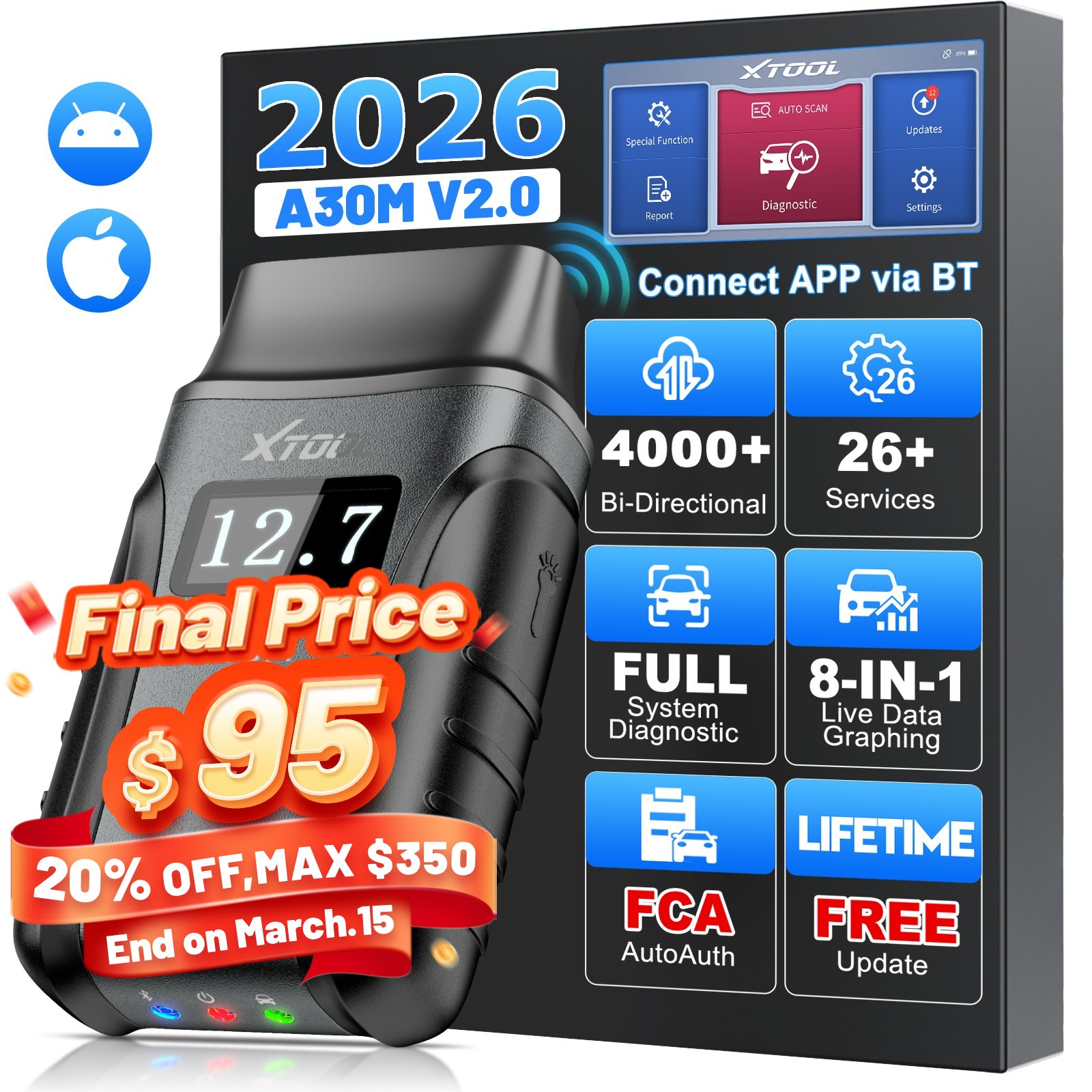 2026 XTOOL A30M V2.0 Bluetooth Bidirectional OBD2 Scanner Full System Diagnostic