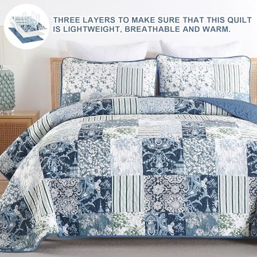 Patchwork Quilt Set Size Plaid Reversible Bedspread Coverlet Set 3 King Blue
