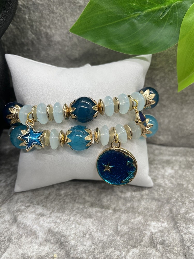 2 PC Handmade Boho  Beaded Stackable 6.5” Plus Stretch Bracelet Set New B1239