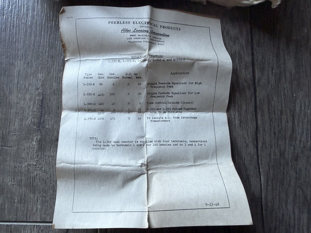 1948 Altec Lansing Peerless Equalizing Reactors L-355-X & L-350-X