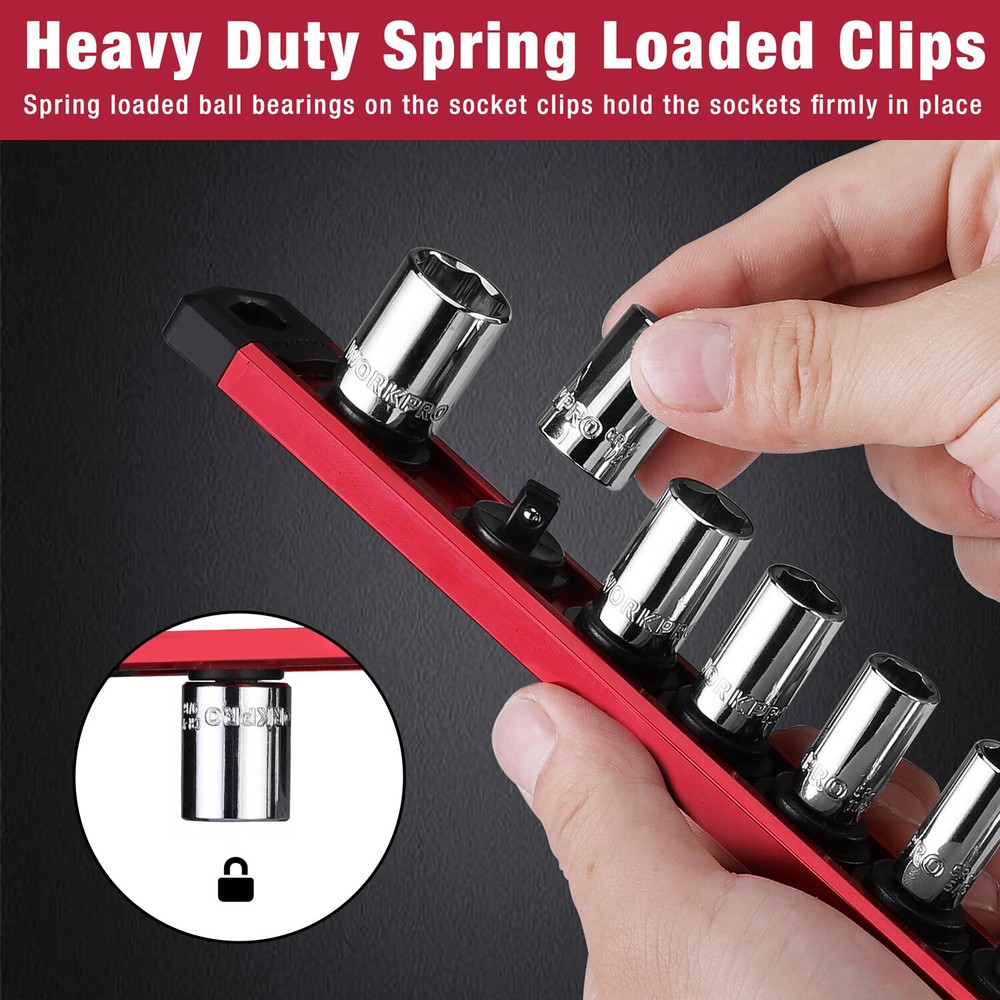 WORKPRO 1/4 Drive Magnetic Socket Organizer Socket Rail Heavy Duty Socket Holder