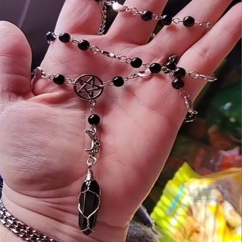 Gothic Rosary Pagan Prayer Beads Moon Black Onyx Stone Pentagram Necklace