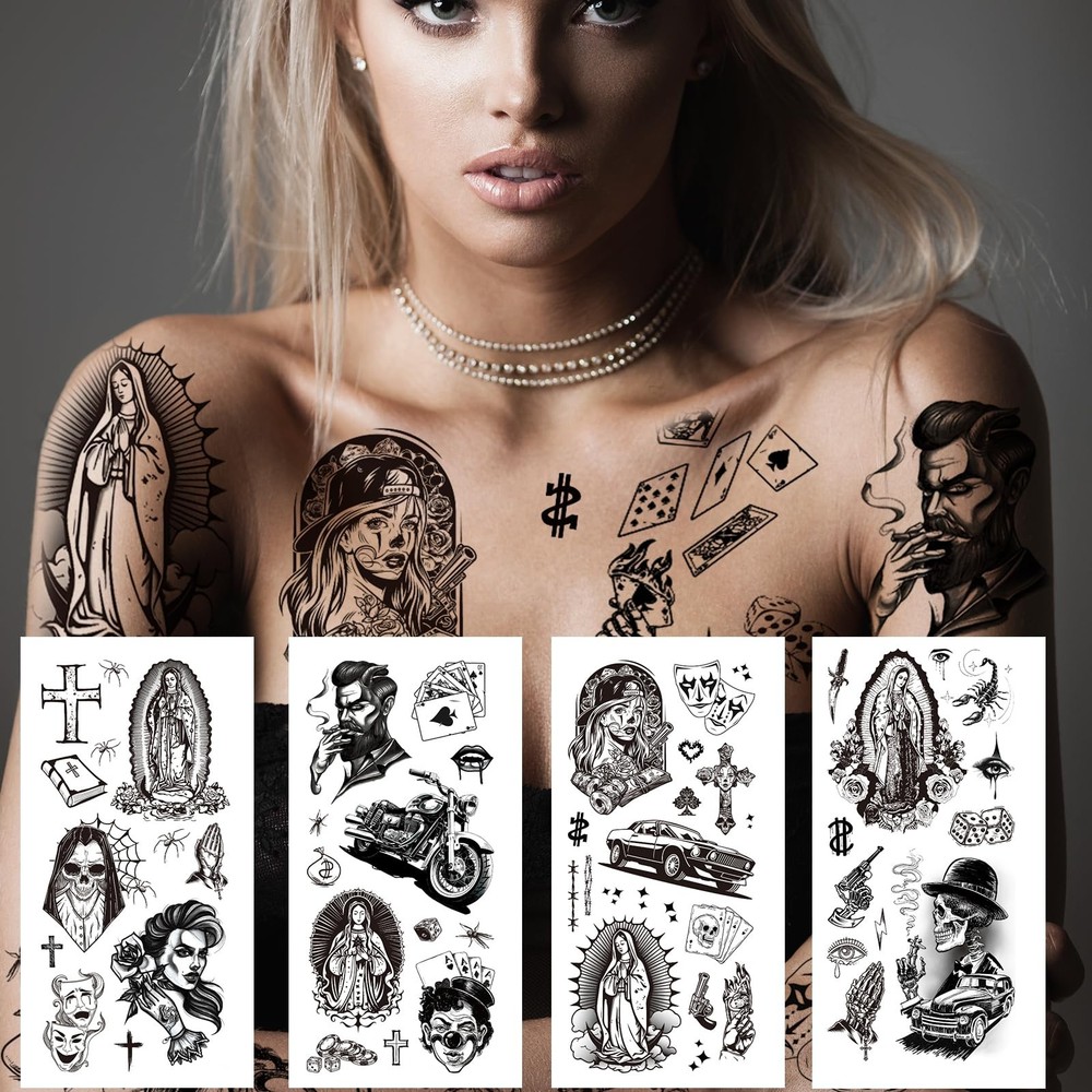 12 Sheets Large Chicano Temporary Tattoos, Cholo and Chola Multiple, Black