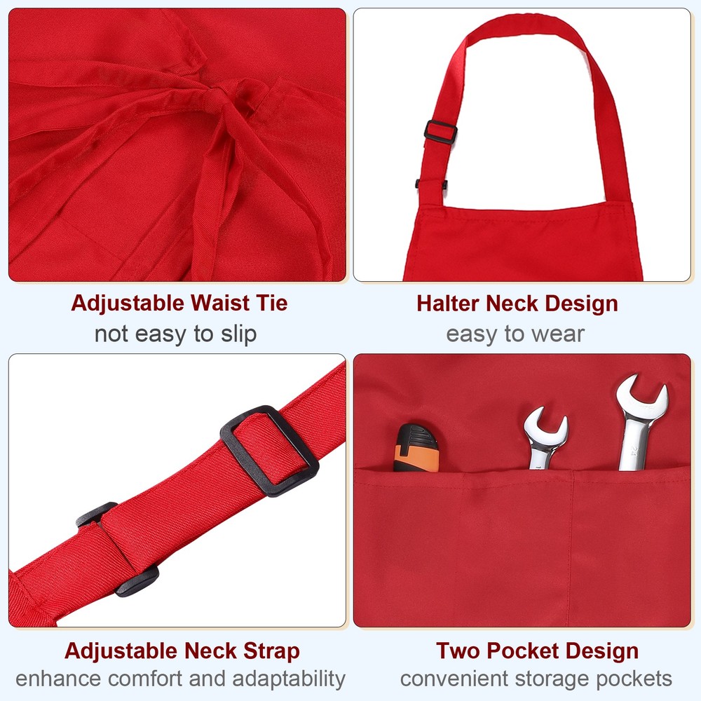 2Pack Kitchen Cooking Aprons Adjustable Chef Apron with 3 Pockets Red