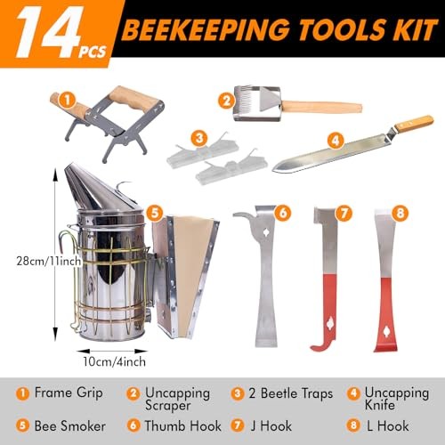 14 Pcs Beekeeping Tools Starter Kit, Bee Keeping Supplies-All Bee Hive Tools