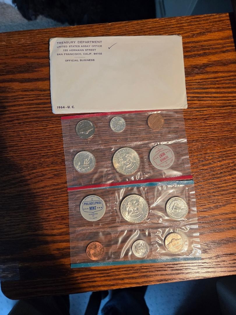 1964 P & D US Mint Set Uncirculated 10 Coins w/ 90% Silver OGP Envelope