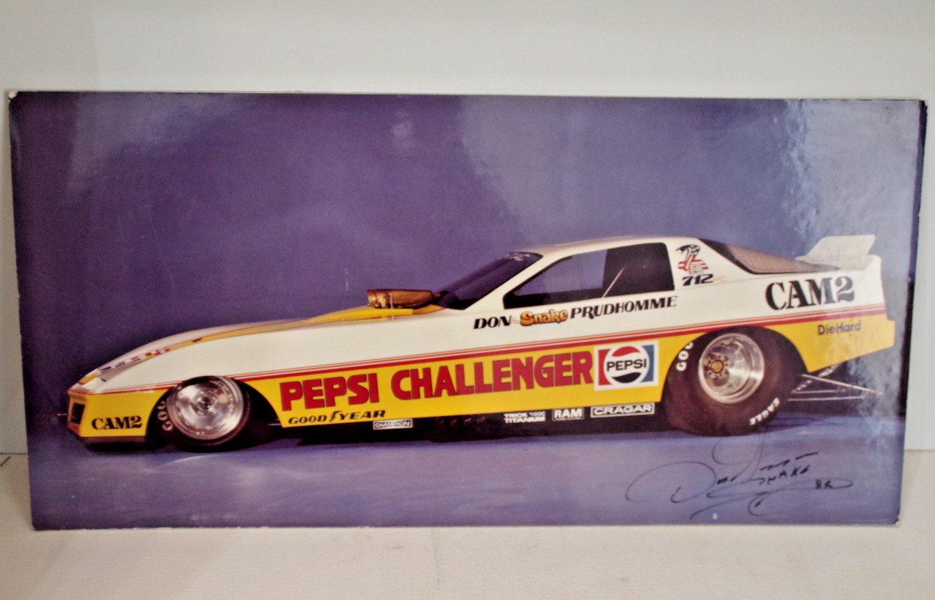 AUTOGRAPHED DON THE SNAKE PRUDHOMME NHRA FUNNY CAR PHOTO LARGE 20X10 ON BOARD