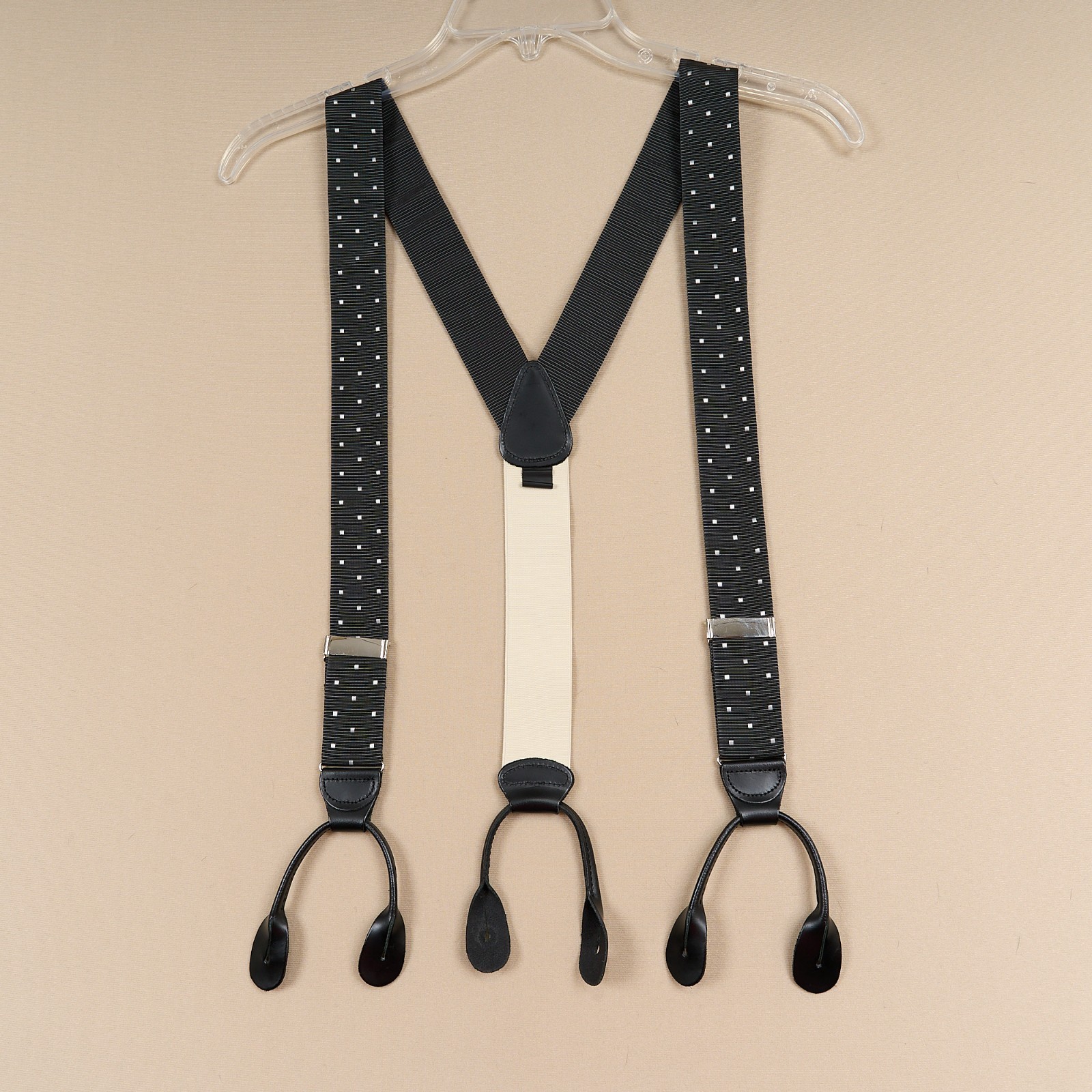 JOS A BANK Suspenders Black Polka Dot Braces Leather Button Tabs Adjustable