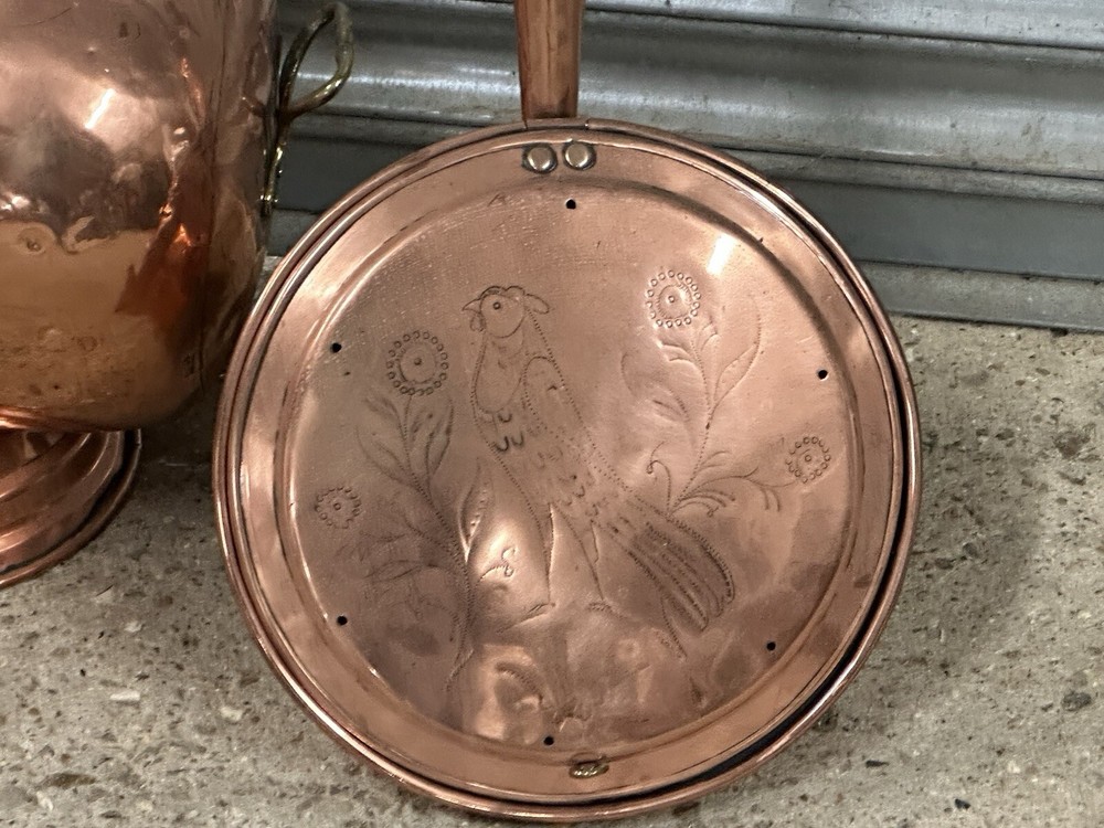 Antique 19thC Copper Coal Scuttle With Pin Hammered Pattern Bed Warmer